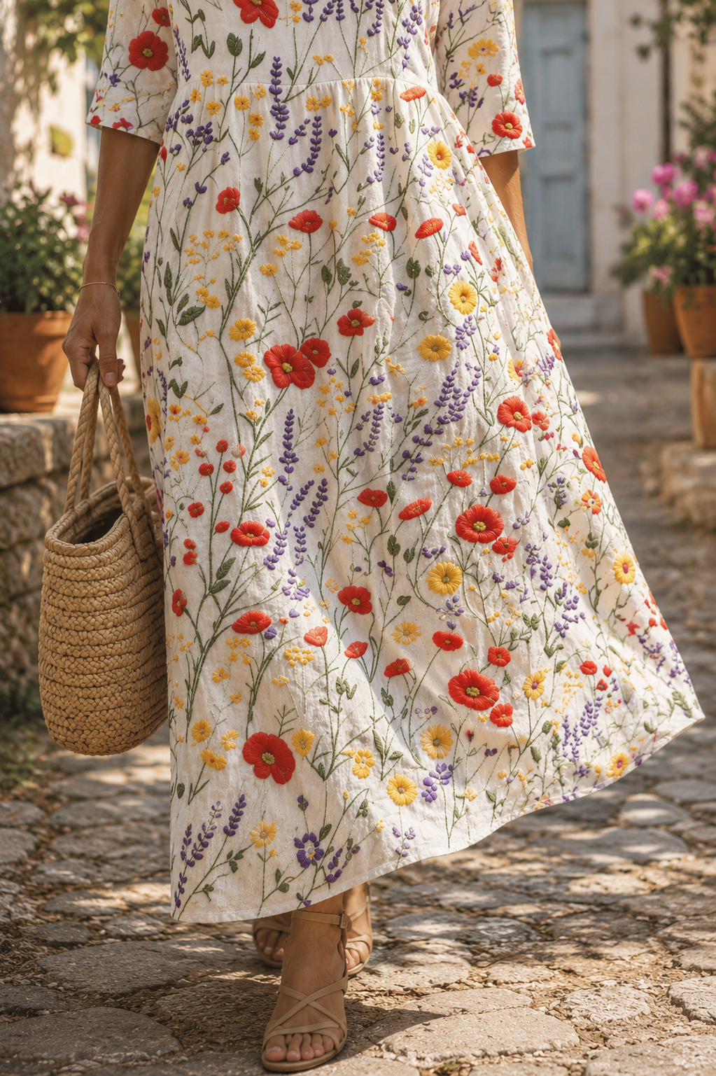 Isaura - Vestido Midi Bordado Azul (a floral branca) — vista 3