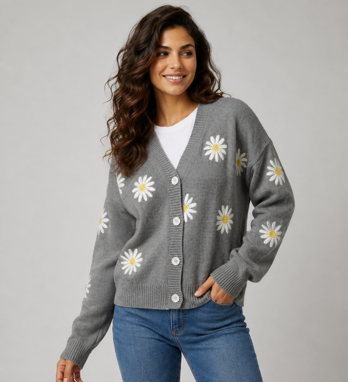 Cardigan Feminino em Malha com Botões e Padrão Floral