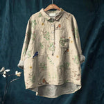 Alice - Camisa Casual Impressa com Padrão de Ramos e Pássaros Robin