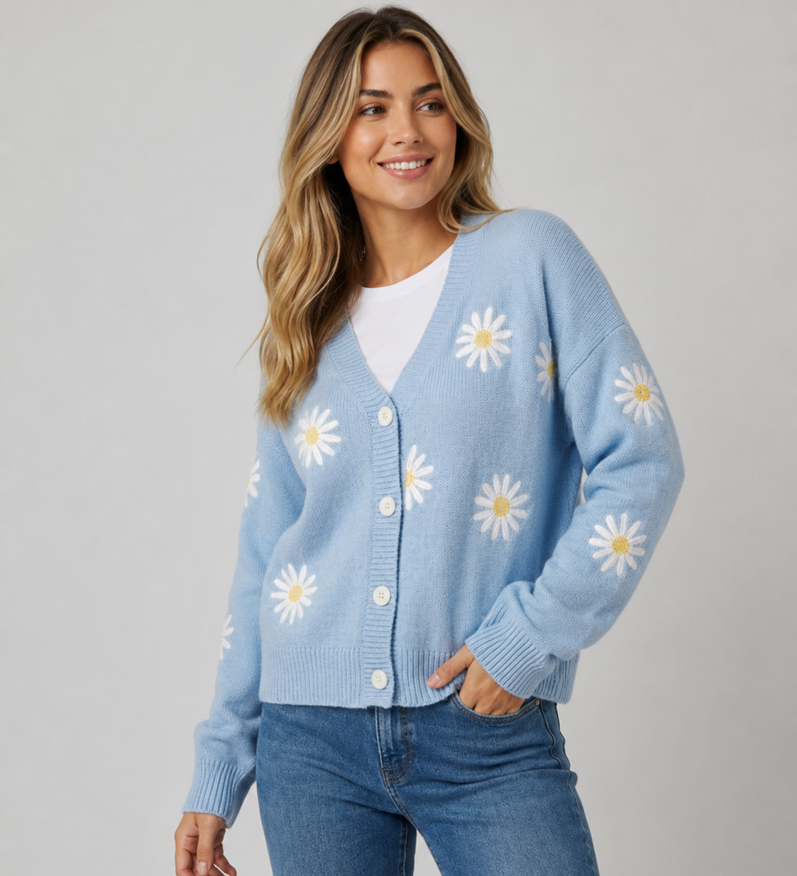 Cardigan Feminino em Malha com Botões e Padrão Floral