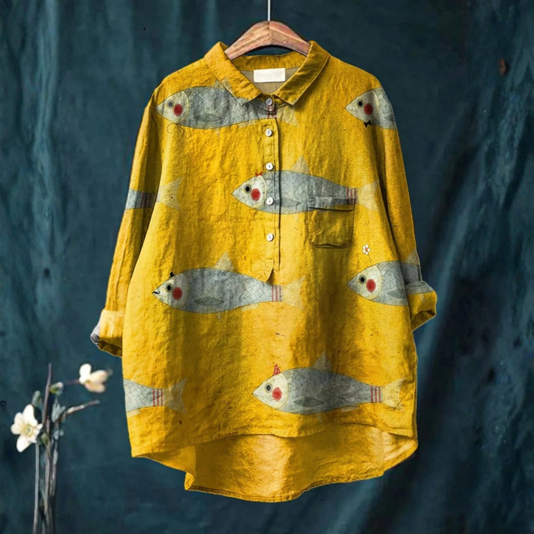 Ariana - Camisa Casual de Arte de Peixe Vintage