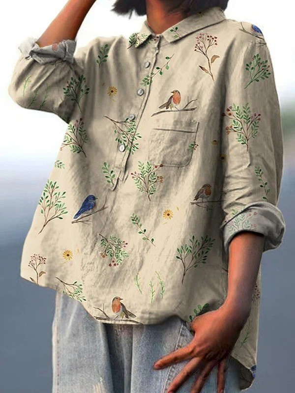 Alice - Camisa Casual Impressa com Padrão de Ramos e Pássaros Robin — vista 2