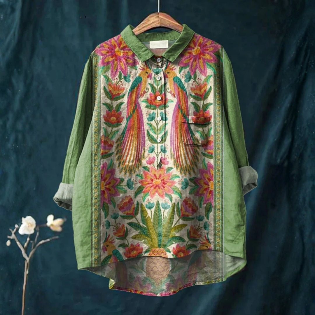 Anabela - Camisa Casual de Arte Vintage com Flores e Pássaros