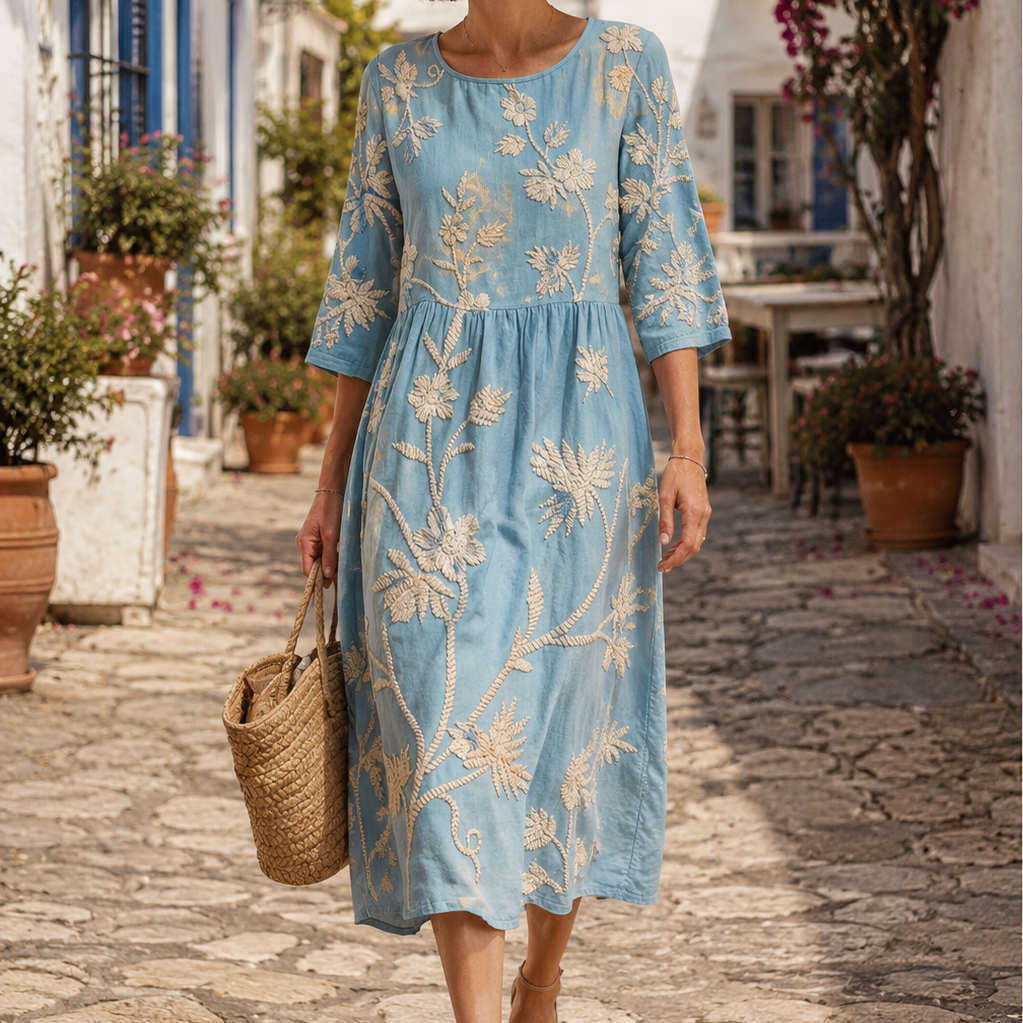 Cátia - Vestido Midi com Estampa de Plantas e Flores
