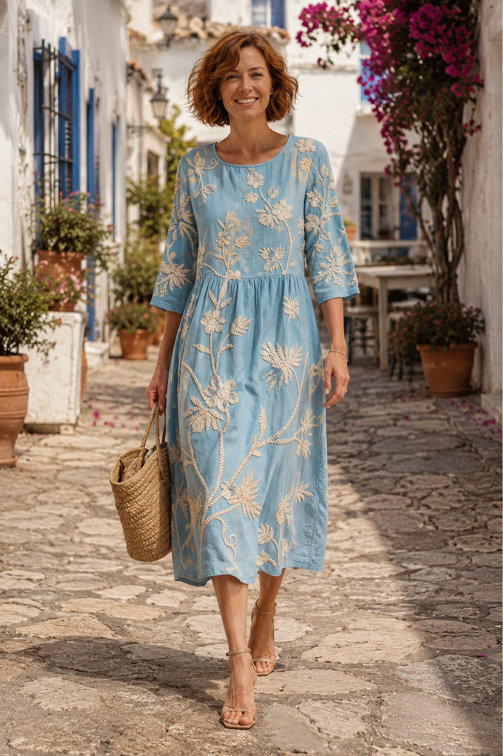Cátia - Vestido Midi com Estampa de Plantas e Flores