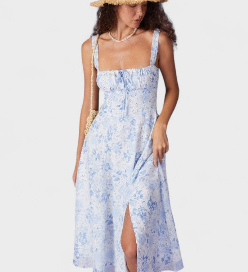 Renata - Vestido Midi Azul Floral