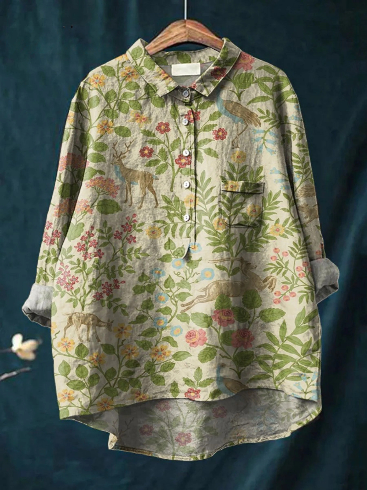 Georgina - Camisa Casual Vintage Floral com Animais — vista 2