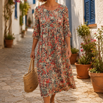Sara - Vestido Maxi de Gola Redonda com Estampa