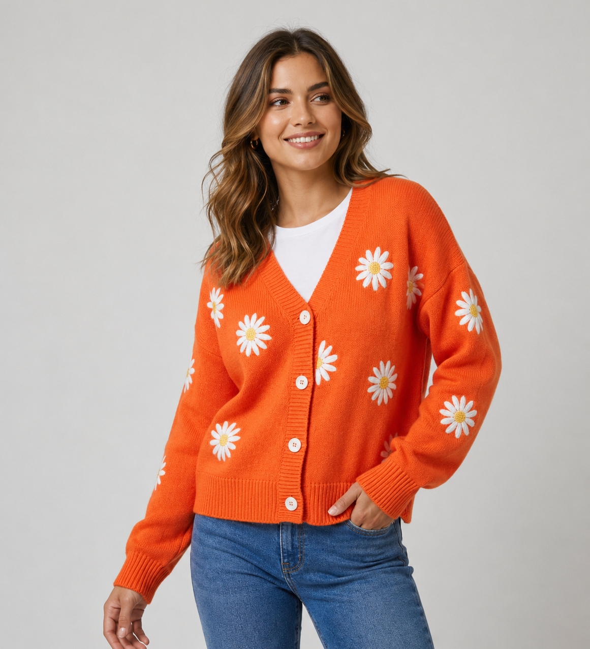 Cardigan Feminino em Malha com Botões e Padrão Floral