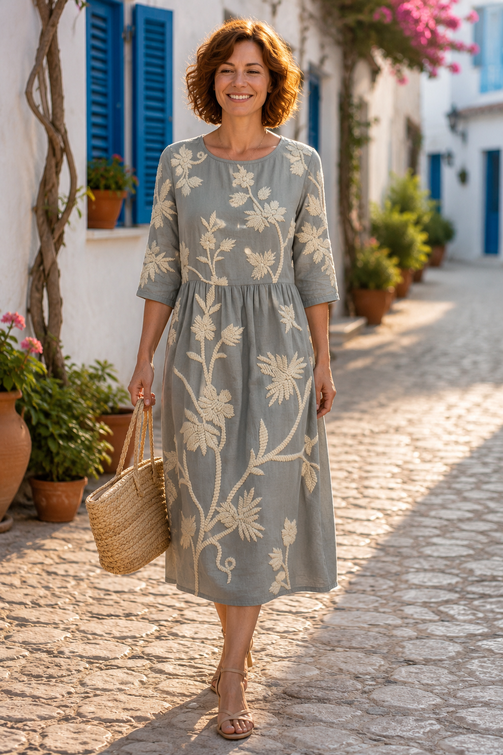 Ana - Vestido Midi com Estampa de Plantas e Flores