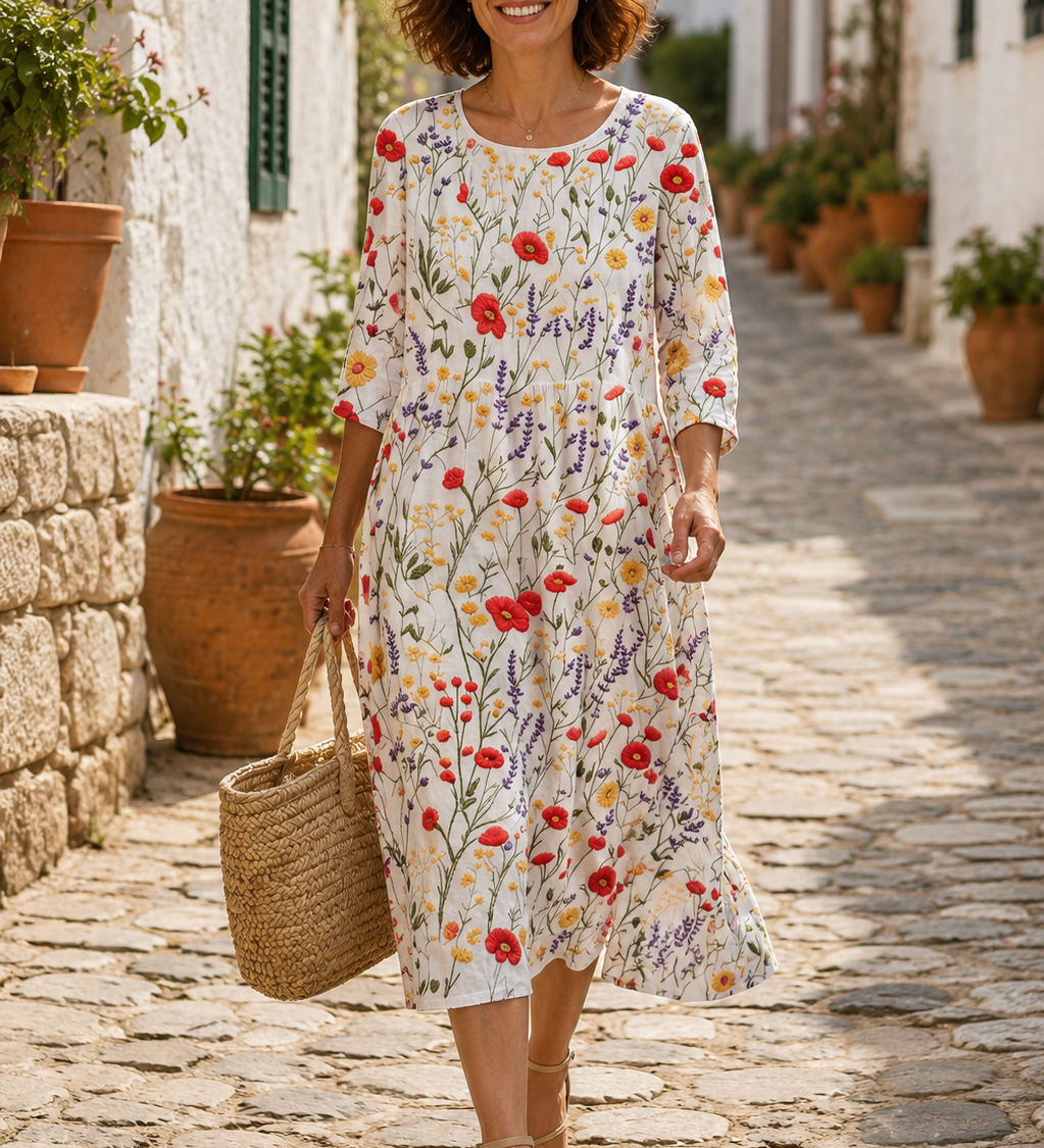 Isaura - Vestido Midi Bordado Azul (a floral branca)