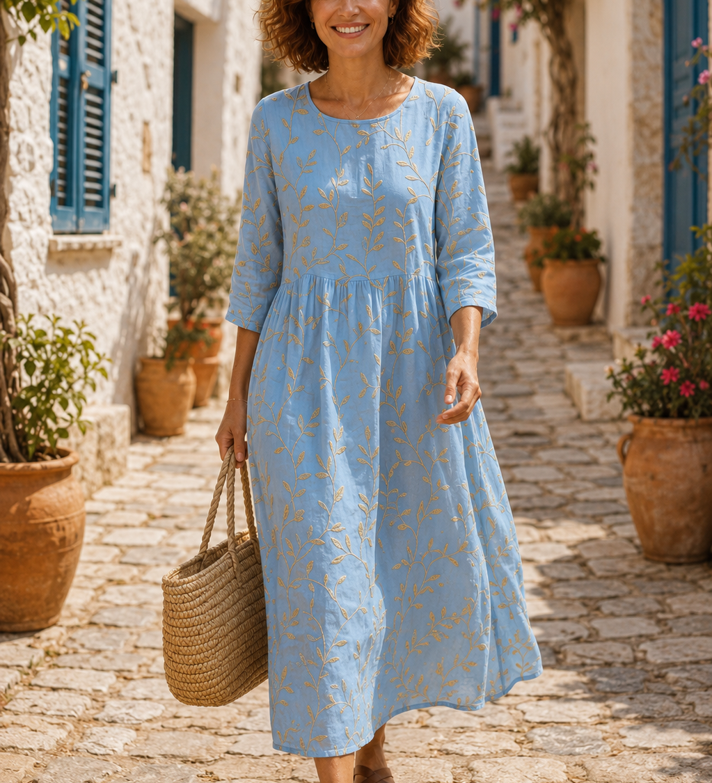 Judite - Vestido Midi Bordado Azul (a azul lisa)