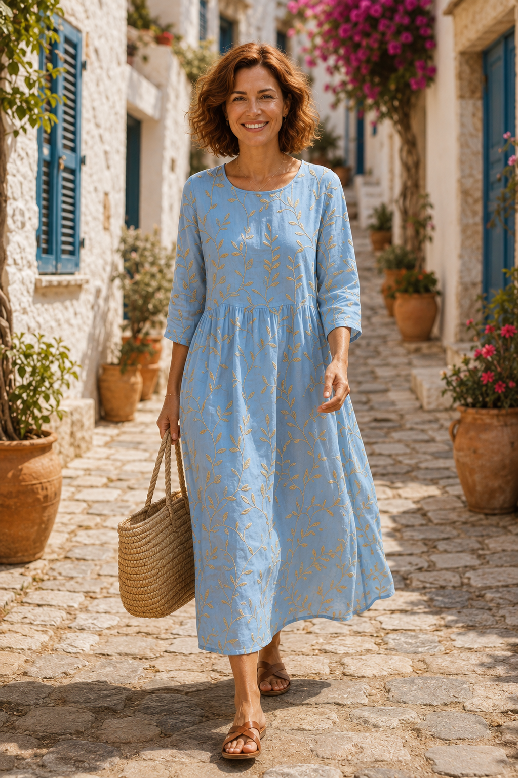Judite - Vestido Midi Bordado Azul (a azul lisa)