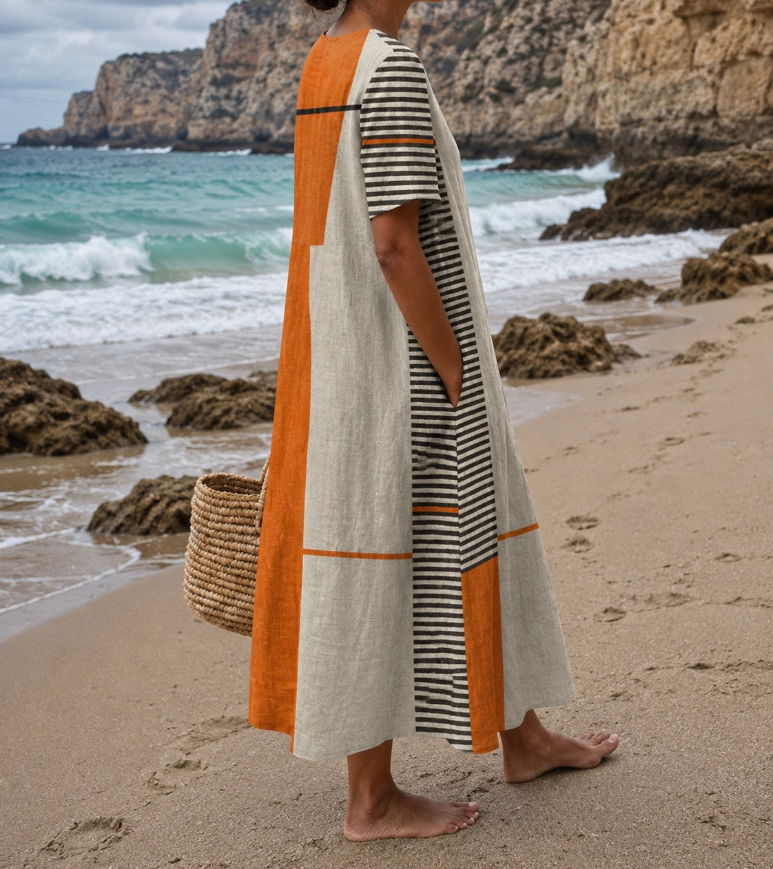 Cecilia - Vestido Geométrico Cinza Laranja — vista 3