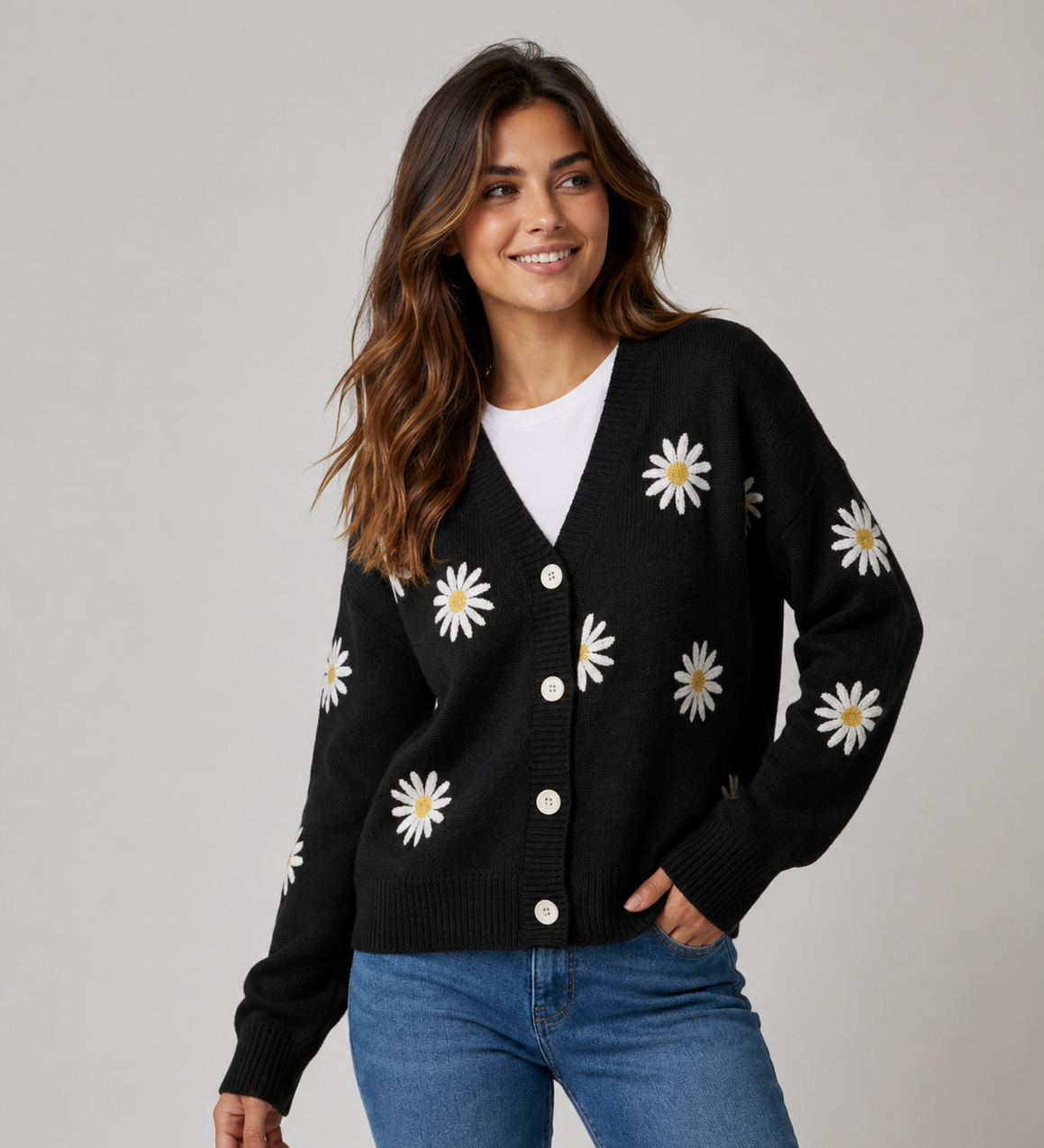 Cardigan Feminino em Malha com Botões e Padrão Floral