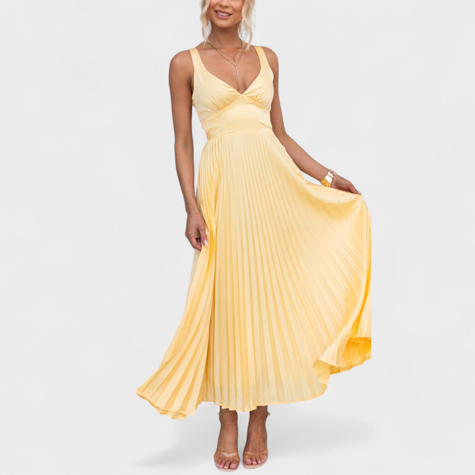 Abia - Vestido maxi amarelo plissado