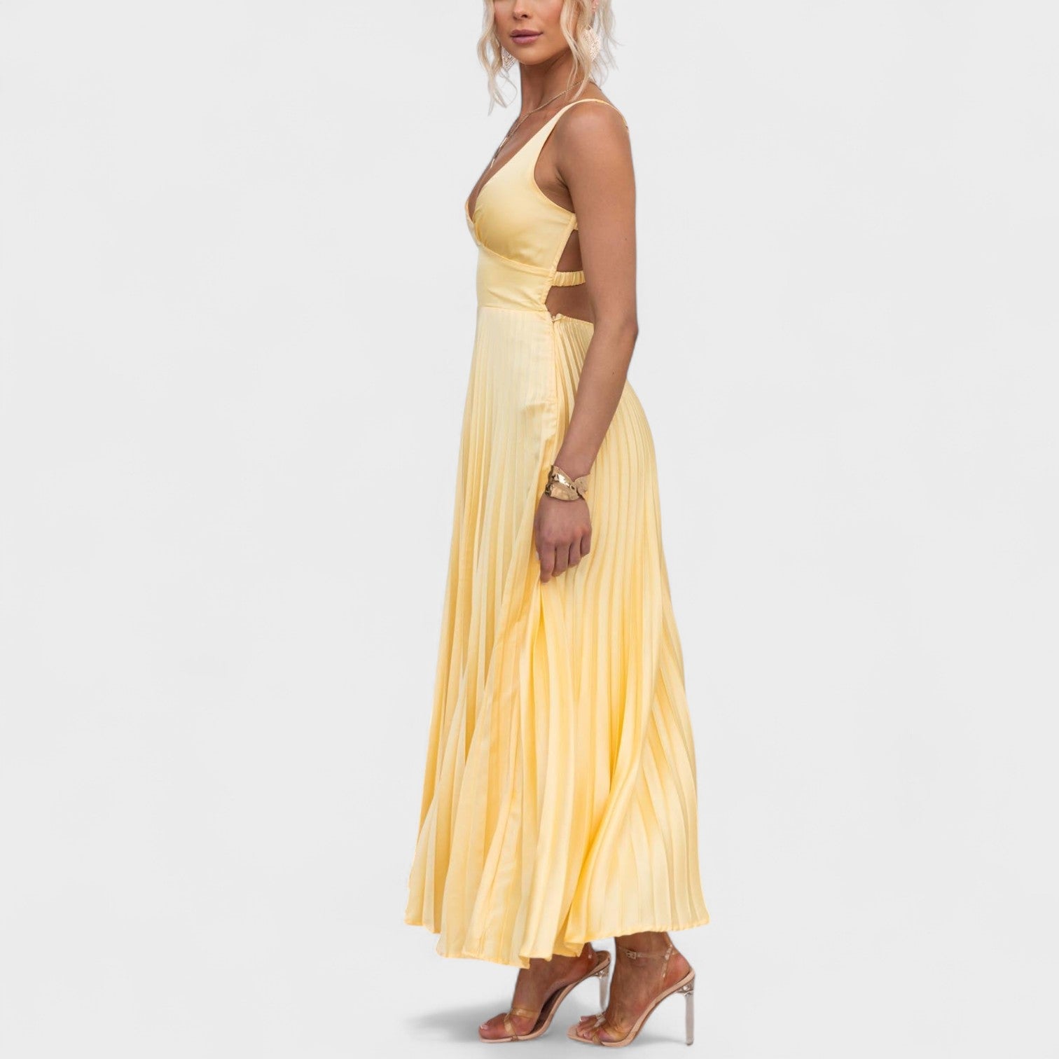 Abia - Vestido maxi amarelo plissado — vista 4