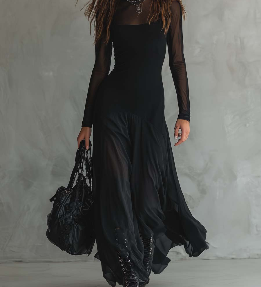 Nina - Vestido maxi preto em tule de corte solto