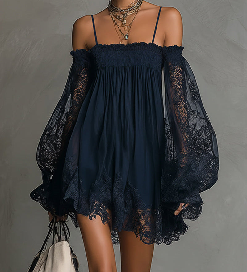 Nádia - Vestido mini com ombros à mostra e renda