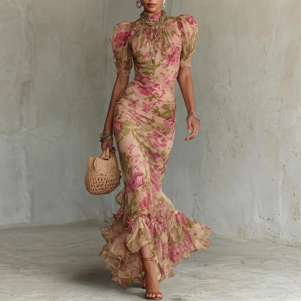 Lara - Vestido longo ajustado com padrão floral