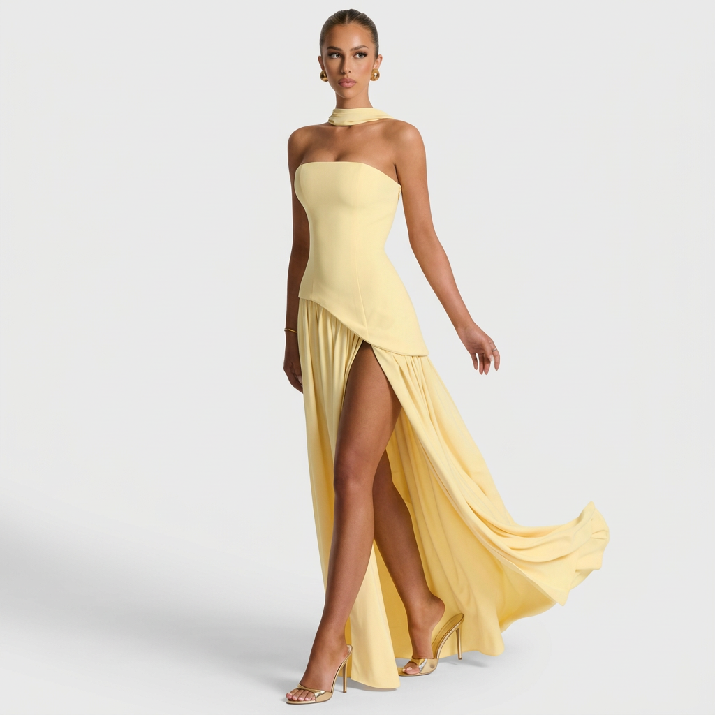Nayara - Vestido Maxi Fenda Amarelo